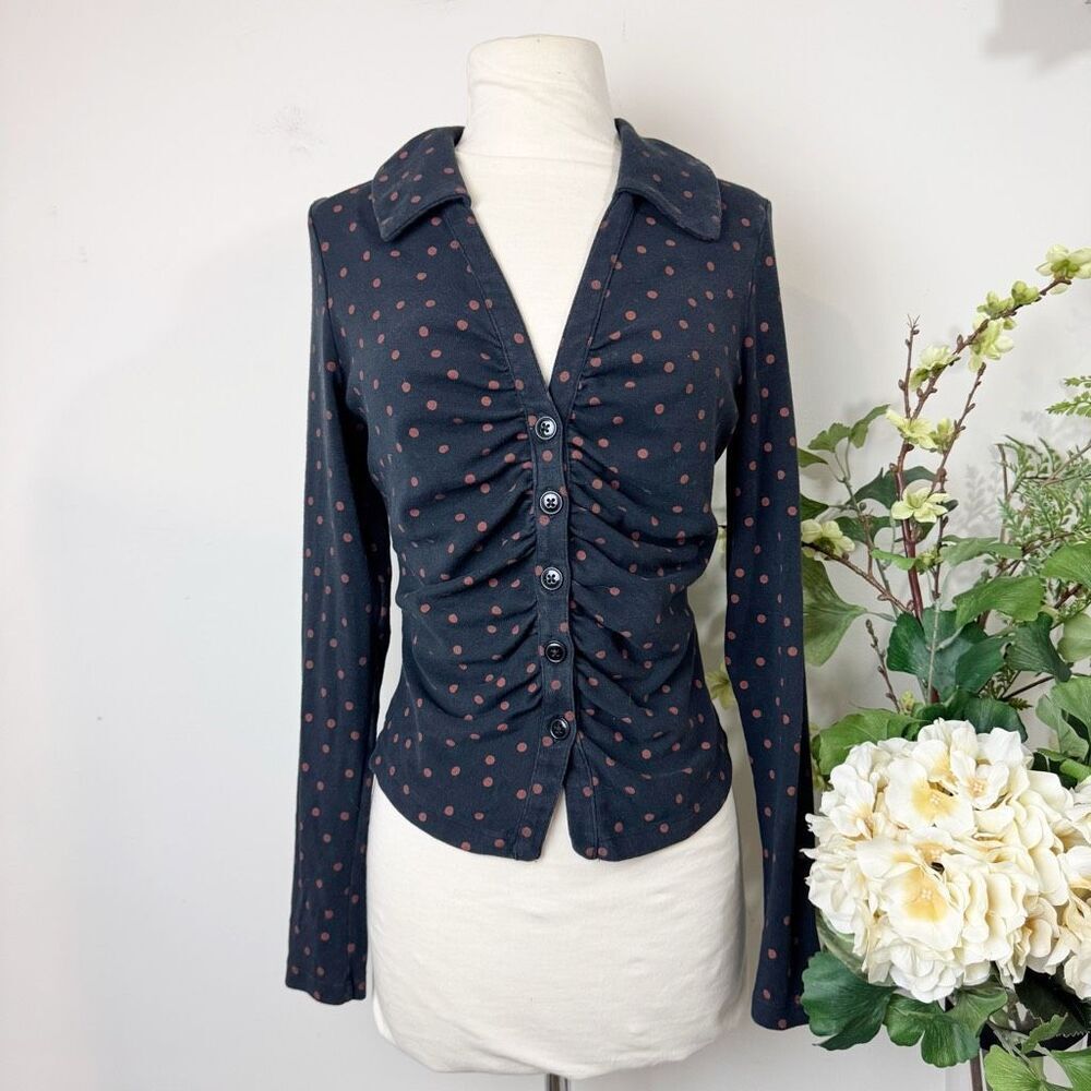 Maeve by Anthropologie Ruched Button-Down Collared Top Polka Dot | Large